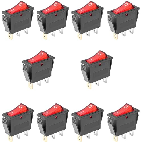 Oiyagai 10 Pcs Interruptor Basculante KCD3-3P SPST con Luz LED Roja, 3 Pines ON/OFF, 20A 125V / 16A 250V, Interruptor de Palanca para Control de Energía AC