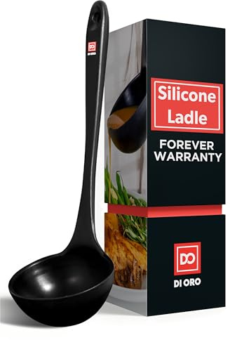 DI ORO® Silicone Kitchen Soup Ladle – 315°C Heat-Resistant Serving and Rubber Cooking Spoon – Maximum Bowl Capacity – Dishwasher Safe with a Heavy-Duty Stainless-Steel Core (Black)