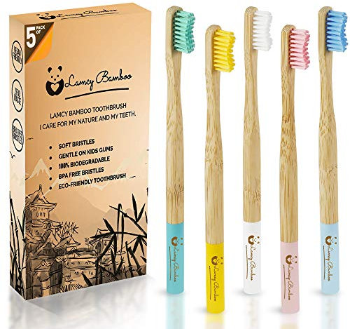 Lamcy Bamboo Toothbrushes for Adults with Medium Bristles | Pack of 5 Natural Bamboo Toothbrush | Eco-Friendly Natural Wooden Toothbrush | Organic Biodegradable Handle | BPA Free Tooth Brushes
