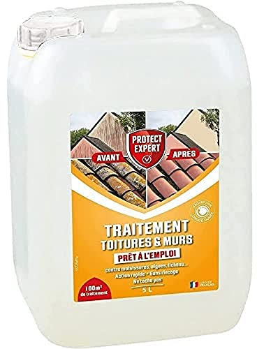 Anti Algues Lichens Moisissures PROTECT EXPERT| Algicide Traitement Toitures et Murs 5L | Soit 100 m² | | Prêt-à-l ‘emploi sans rinçage