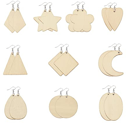 PandaHall Lot de 100 pendentifs en bois brut pour boucles d'oreilles - 10 motifs - avec anneaux ouverts et crochets en laiton - Formes géométriques, pour la fabrication de bijoux