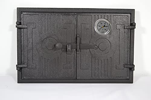 SEZAM Porte de four double en fonte avec thermomètre 500 °C avec loquet de porte, rectangulaire, porte de four à pizza - four à pain - porte de four en pierre, 42 x 3 x 27,2 cm, peint en noir