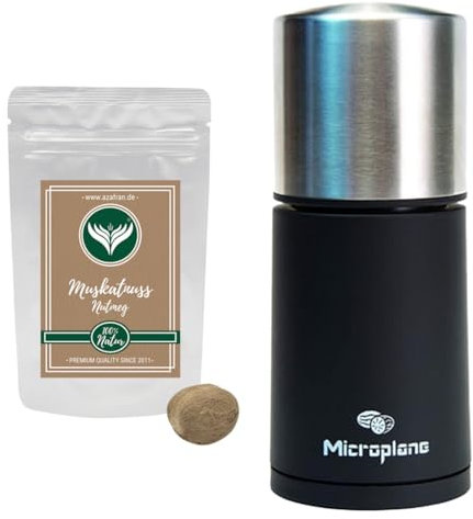 Microplane Gewürzmühle/Muskatmühle silber-schwarz Set mit 1 x Probepackung Azafran Muskatnuss