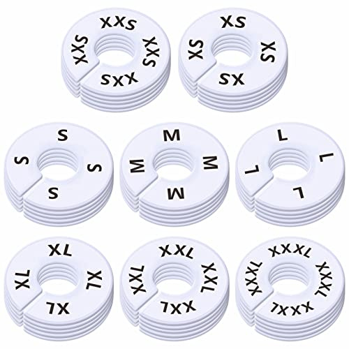 Paquete de 40 separadores Redondos de plástico Blanco para Armario, preimpresos en 8 tamaños XXS, XS, S, M, L, XL, XXL, XXXL (Exterior 9 cm, diámetro Interior 3,5 cm)