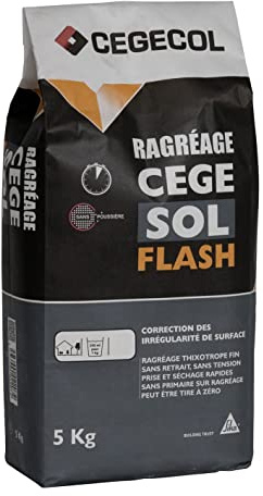 CEGECOL SIKA - Ragréage ultra fin - CEGESOL FLASH - Blanc cassé - 5kg | Ragréage ultra fin pour correction des irrégularités - Prise et séchage rapides - Sans retrait ni tension