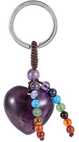 Nupuyai Herz Edelstein Schlüsselanhänger Heilstein mit Chakra Stein Perlen | Kristall Herzstein Schlüsselanhänger, Heilstein Glücksbringer, Taschenanhänger Amulett Chakra Reiki Schmuck