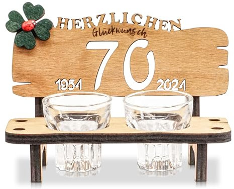 DARO Design SCHNAPSBANK – Schnapsbank mit gravur aus Buche, inkl. 2 Arcoroc Schnapsgläsern, Kleeblatt & Jahreszahlen – Geschenk zum Jubiläum, Geburtstag oder Hochzeit – 70 Jahre