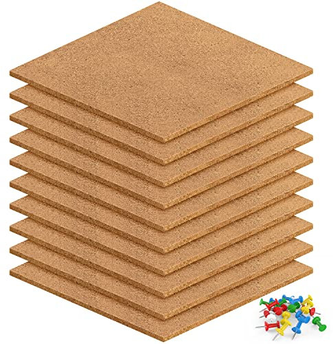 10 Pack 30cm/12in Large Square Cork Board, Notice Letter Board Cork Tiles for Bedrooms Home Office Self Adhesive DIY Message Vision Board Kit with Push Pins for Pictures, Photos, Drawing