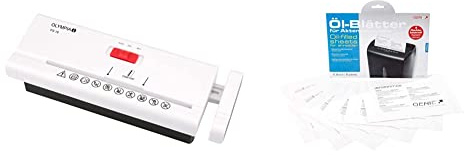 Olympia PS 16 Aktenvernichter Aufsatz mit Streifenschnitt (Sicherheitsstufe P2, 6 Blätter 80g/m², Teleskoparm) weiß & Genie Pflegekit (Ölblätter/Ölpapier und Cleaning-Kit) 6er Pack