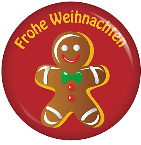 Kiwikatze Button Frohe Weihnachten Lebkuchenmann 37 mm Ansteckbutton Geschenkanhänger zu Weihnachten an Geschenkpapier oder als Deko oder Mitbringsel
