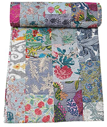 Marubhumi Indian Traditional Pure Cotton Patchwork Quilt, Paisley Print Kantha Quilt Multi Color (Multicolor-31, Twin (60x 90))