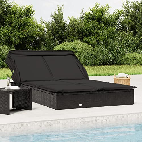 Yolola sonnenliege 2 Personen doppel sonnenliege mit Dach sonnenliege Outdoor Doppelliege Relaxliege Gartenmöbel Liege Strandliege Poly Rattan Liege für Garten Gartenliege -Verstellbare Schwarz
