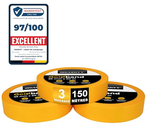 HASKYY Goldband Malerkrepp Kreppband 3x Malerband 25mm x 50m Profi Abdeckband Malertape Klebeband Washi Tape Gold Papiertape Selbstklebend