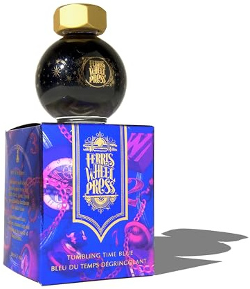 Ferris Wheel Press Ink, FerriTales Collection, Tumbling Time Blue, Cobalt Blue with Silver Shimmer and Red Sheen, 20ml Fountain Pen Ink Bottle