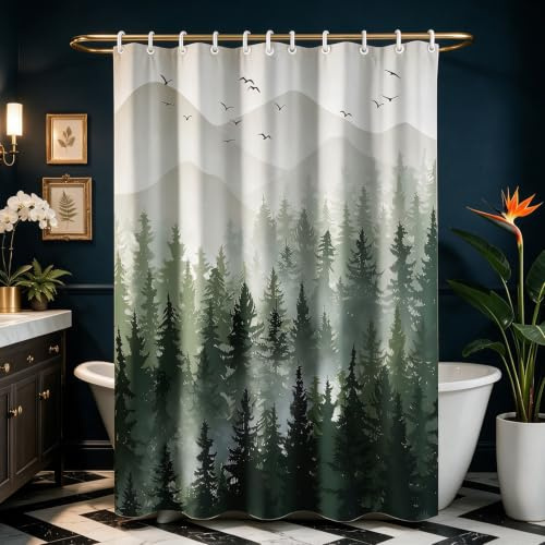 Lerores Duschvorhang 240x180cm, Wald Antischimmel Textil, Beschwerter Saum Wasserabweisend, Waschbar Polyester Stoff Badevorhänge 16 mit Ösen und Duschvorhangringe für Badezimmer, Badewanne