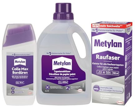 Metylan Raufaser, für Raufasertapete (1x360g) & Metylan Bordüren Klebstoff (1x250g) & Metylan Tapetenablöser Aktiv-Konzentrat, löst schnell und problemlos (1x 1l)