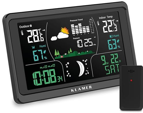 KLAMER Wetterstation Funk mit Außensensor, Digitale Funkwetterstation, Temperaturwarnung, Raumthermometer innen und außen, Wecker, Barometer, RCC Funkuhr, Batteriebetrieb und Netzbetrieb, schwarz