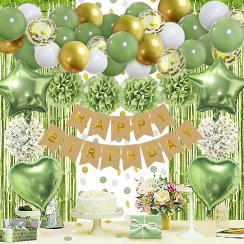 ZERODECO Decoración de cumpleaños verde, pompones Happy Birthday Banner Cortina con purpurina, globos de color retro, aguacate, cumpleaños infantil para niñas, jóvenes, hombres y mujeres