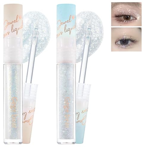2 Pcs Glitzer Lidschatten, Diamond Flüssiges Glitter Lidschatten & Eyeliner 2-in-1 zum Aufhellen der Augen, Schimmer Highlight Metallic Liquid Eyeshadow, Glitzer Augen-Make-up für Weihnachten-01+02