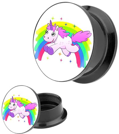 Piersando Ohr Plug Flesh Tunnel Piercing Ohrpiercing Picture Motiv über Regenbogen springendes Einhorn 20mm