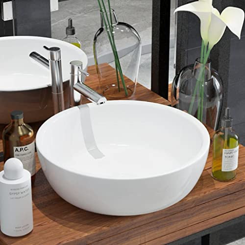 ARKEM Waschbecken Rund Keramik Weiß 42 x 12 cm WaschschüSsel Aufsatzwaschbecken Bathroom Accessories Waschbecken