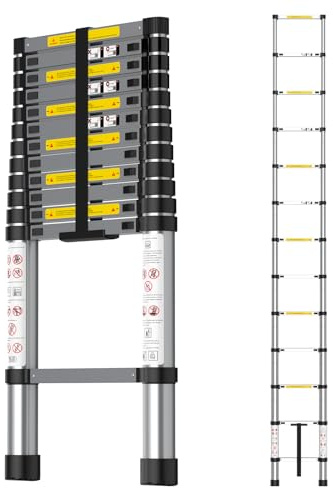 Kidsgigglz Aluminium Teleskopleiter,Mehrzweckleiter, Ausziehbar Stehleiter,Rutschfester Klappleiter,Tragbar Ausziehleiter für Dachboden/Kletterdach/Büronutzung/Baujob,150 KG Belastbarkeit Leiter,3.8M