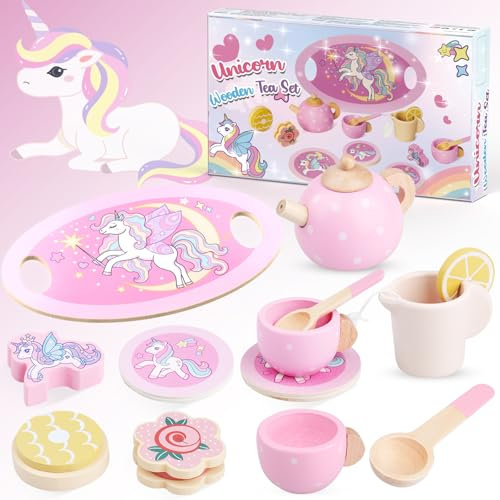 Toys for 2-6 Year Old Girls,Unicorn Gifts for Girls Wooden Tea Set 2-6 Year Old Girl Gifts Birthday Present Afternoon Tea Set for Toddler With Play Food Teapot Cup Kitchen Accessories