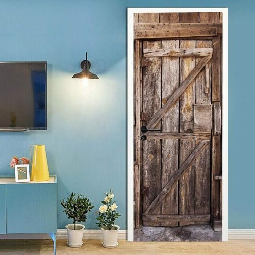 Türtapete Selbstklebend 80x200 cm Türfolie Selbstklebend Vintage-Holz Türaufkleber Türposter Rustikale Scheunentür Türsticker Fototapete 3D Effekt für Schlafzimmer Wohnzimmer Küche 7557A