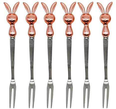 Pinenjoy 6Pcs Rose Gold Rabbit Fruit Forks 5.2inch Bunny Appetizer Forks 18/10(304) Stainless Steel Small Cocktail Forks for Easter Party Favors Cake Dessert