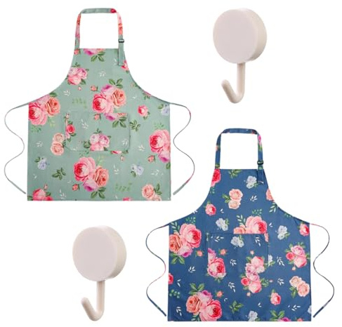 CHROMACRAFT 2 Delantales con Estampado Floral con 2 Ganchos, Delantal Impermeable, Delantal De Trabajo A Prueba De Aceite, Delantal De Cocina De Lona