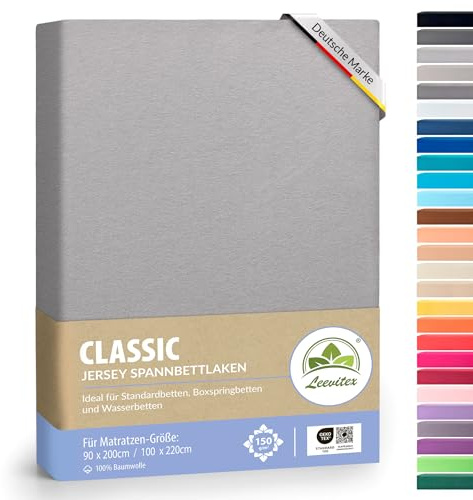 leevitex® Classic Jersey Spannbettlaken 90x200 – 100x220 cm | 150 GSM Baumwolle | Öko-Tex Zertifiziert | für Standard-, Boxspring- und Wasserbetten | 40 cm Steghöhe | 1er Pack | Grau
