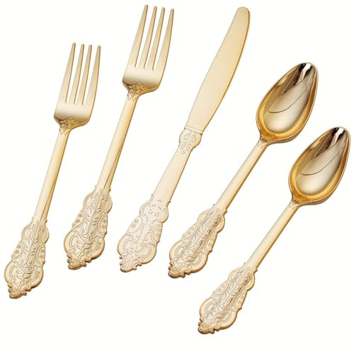 Lot de 75 couverts dorés gaufrés d'inspiration vintage – couverts en plastique réutilisables très résistants pour 25 invités – parfait pour mariages, fêtes, Halloween, Noël (or)