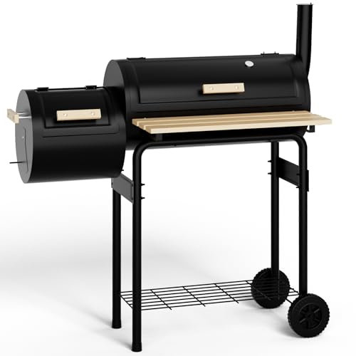 DKIEI Charcoal BBQ, Portable Barrel Barbecue Grill with Offest, 2 in 1 BBQ Grill and Smoker, Includes Temperature Gauge, Air Vents, Large Barbeque Grill wite Wheels for Outdoor Garden Party Cooking