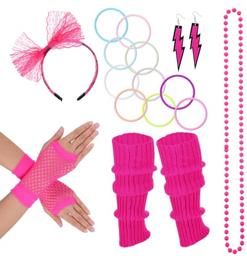 Wanmu 6 Stück 80er Jahre Kostüm Zubehör Set für Damen, Retro 90er Thema Party Outfit Accessoires, Stirnband, Armband, Blitz-Ohrringe, Fischernetz-Handschuhe, Halskette, Neon Beinwärmer (Rosenrot)
