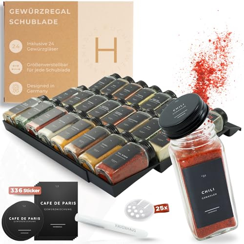 Havenhaus Gewürzgläser Set mit Regal | Gewürzregal Schublade inkl. 24 Gewürzgläser& 336 Gewürzetiketten | Gewürz Organizer Schublade verstellbar& passend für alle Schubladen | Gewürzeinsatz Schublade