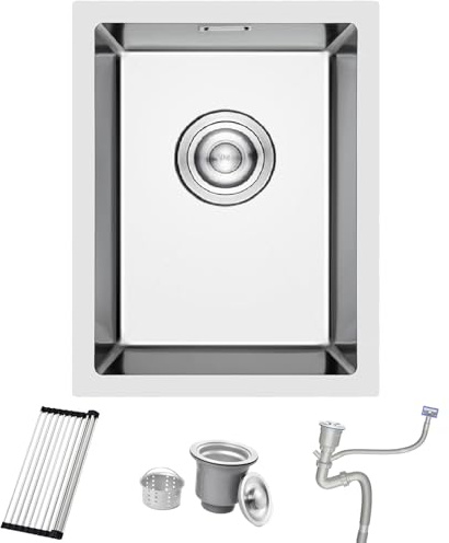 Fregadero de Barra Acero Inoxidable, Bajo Encimera Bokaiya de 35 x 45 cm, Pequeño Fregadero de Barra Húmeda, Minilavabo de Cocina para Exteriores, para RV, con Rebosadero, Rejilla Enrollable y Sifón