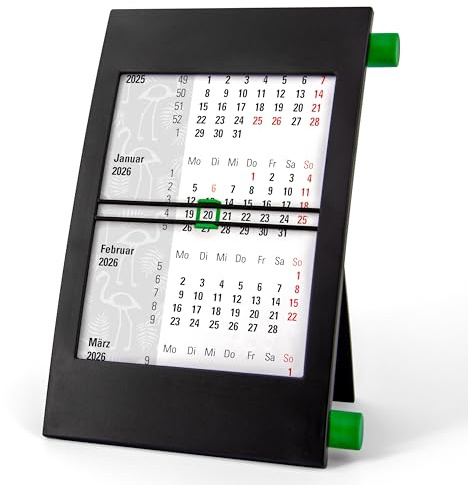 Truento 3-Monats-Tischkalender FLAMINGO für 2 Jahre (2026 & 2027) - mit Drehmechanik - schwarz/grün