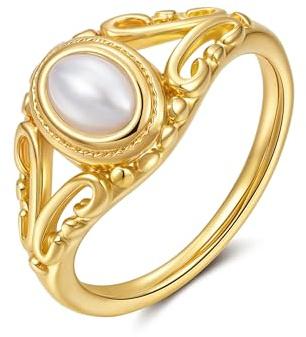 YeGieonr Gold Signet Rings for Women Non Tarnish Gold Rings, Waterproof Gemstones Statement Ring, 18K Gold Plated Stainless Steel Gem Stone Jewelry Gift for Everyday Wear (Pearl, 6)
