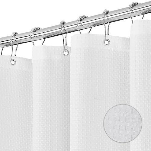 KAIMEIYU Duschvorhang Waschbar Textil Polyester Stoff Bad Vorhang mit 12 Metall Duschvorhangringen Wasserdicht für Dusche und Badewanne 180 x 200 cm Waffel Weiß