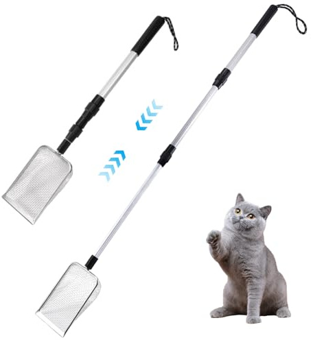 Hperu Kitty Streuschaufel, 41, 7 Zoll ausziehbarer Metallstreuschaufel mit langem Griff und 5 mm feinem Netz, abnehmbare antihaftbeschichtete Schaufel mit Gummigriff zum Sieben, Stil 1