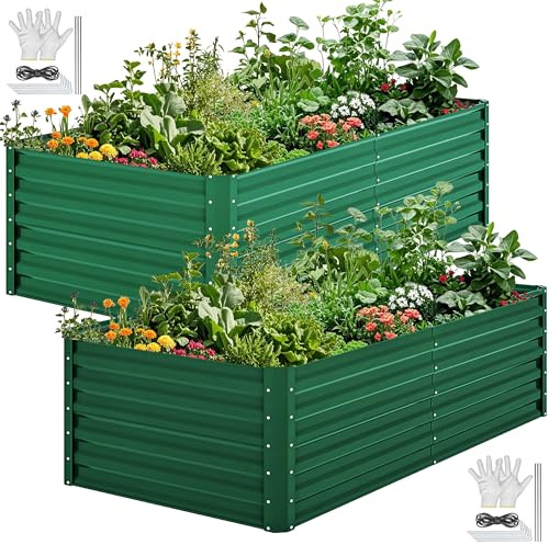 DWVO 2er-Set Hochbeet aus Metall 240x120x58cm, Verstärktes Zink-Alu-Mg-Edelstahl Gartenbeet, Gemüsebeet & Blumenbeet mit Stützstange & Gartenhandschuhen, Hochbeete für Terrasse und Balkon