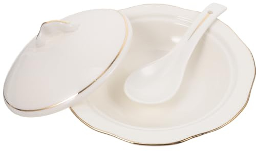 Cabilock Ciotola Zuppa Ceramica con Coperchio e Cucchiaio Resistente al Calore Design Europeo Classico per Minestre e Stufati per Casa e Ristorante