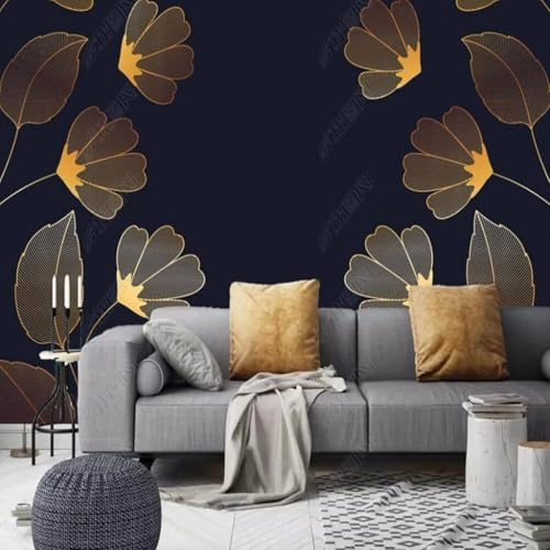 XLMING Retro Luxurious Artistic Golden Lines Leaves 3D Wallpaper Premium Textured Silk Study Dining Living Room Bedroom Sofa TV Wall Easy Install-250cm×170cm