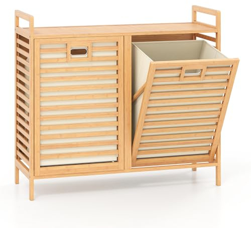 Multigot 75L Bamboo Laundry Basket, Tilt-out Clothes Storage Hamper with 2 Removable Bins, Top Shelf & Handles, Portable Clothes Washing Storage Box for Bathroom Bedroom Living Room