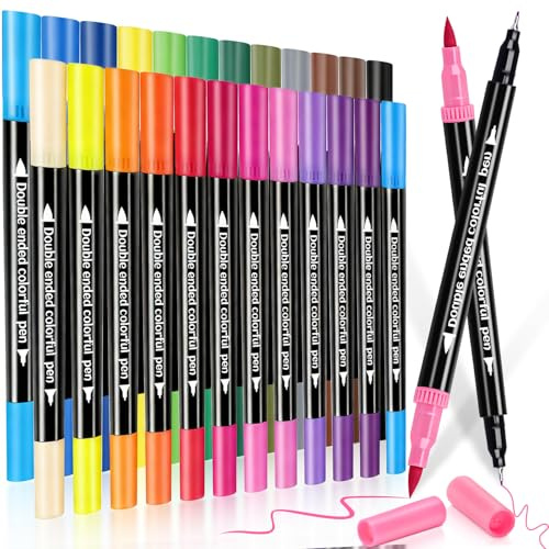 DUULEMANG 24 Farben Filzstifte Dual Brush Pinselmarker, Dual Brush Pen Set Filzstifte Feine Spitze & Pinselspitze für Erwachsene, Fineliner Set Malstifte für Ausmalen, Malbücher, Handlettering