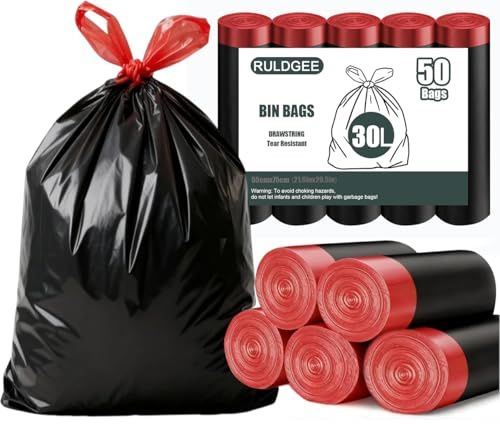 RULDGEE Bin Liners 30L Bin Bags with Tie Tape Drawstring Handles 50 Counts Strong Trash Bags Black