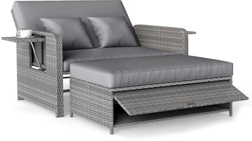 COSTWAY Rattan Lounge Sofa, Lounge Möbel Outdoor, Gartensofa mit Liegefunktion, 2-Sitzer Gartenlounge mit Kissen & Seitenablagen, Polyrattan Gartenmöbel, Balkonmöbel Kleiner Balkon (Mix Grau-grau)