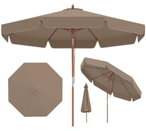 RELAX4LIFE Parasol Inclinable 3M à Volants, Parasol de Jardin Exterieur en Bois de Hêtre, 8 Baleines en Fibre Verre, Inclinaison 30°, Levage à Corde, 2 Positions, pour Terrasse Balcon Patio (Marron)