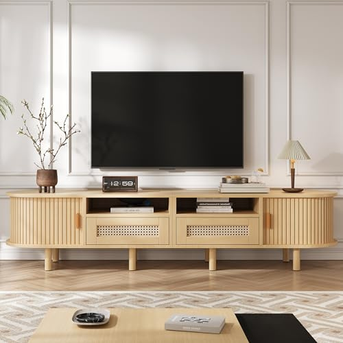 BTM TV Stand with 2 Rattan Drawer and 2 Sliding Doors,Oval TV Cabinet Storage Sideboard with Rounded Corners for livingroom, 170 * 40 * 40cm, Oak,MDF, weight capacity 30kg, suitable for 70inch TV
