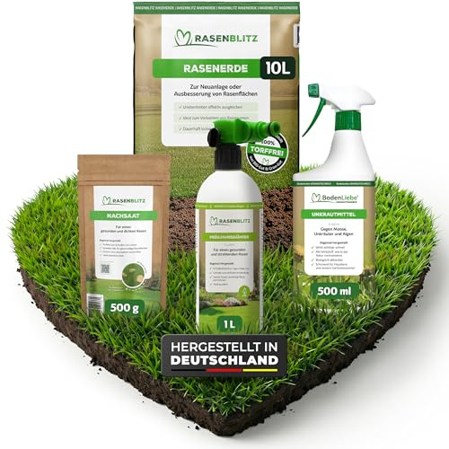 RASENBLITZ Frühjahrsdünger flüssig Set 1 L Rasendünger | flüssig, inkl. UNKRAUTSCHRECK, NACHSAAT und RASENERDE, die ideale Hilfe für deinen Garten im Frühjahr